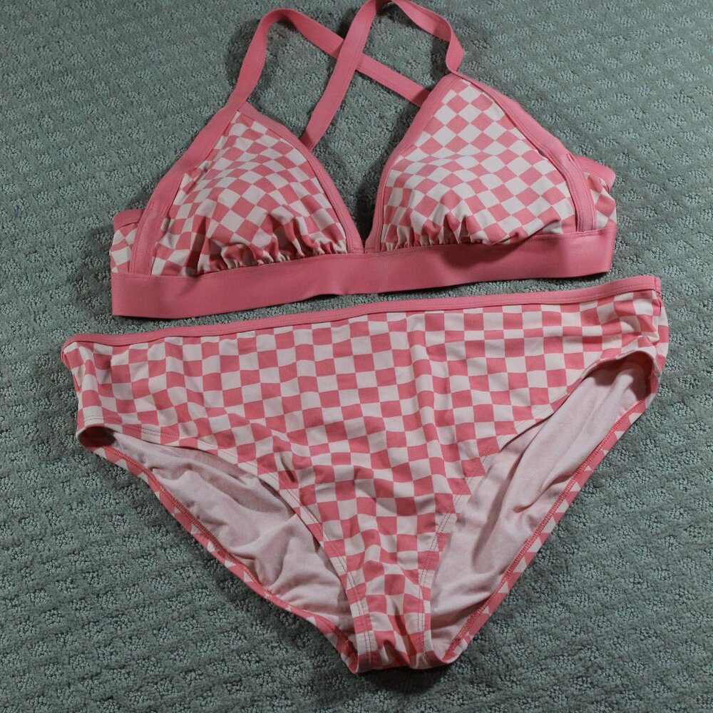 Women's Size 3XL Kona Sol Women’s Coral Cross Back Checked Bikini Swimsuit